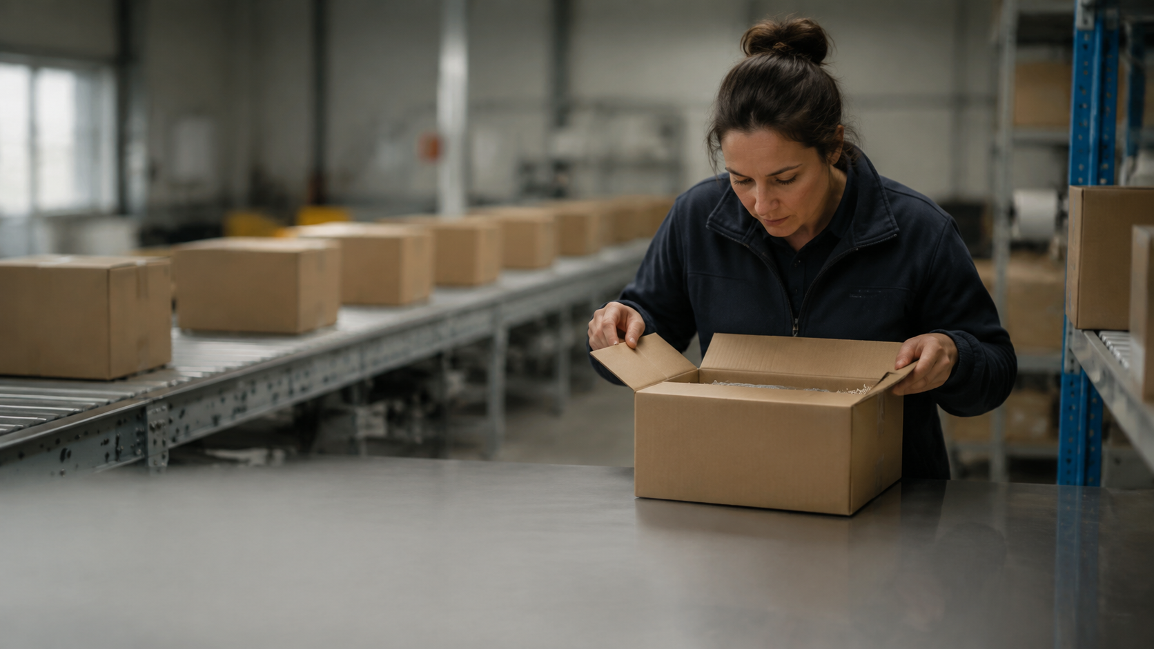A worker looks into an open carton at a side bench, with closed cartons on a conveyor behind.